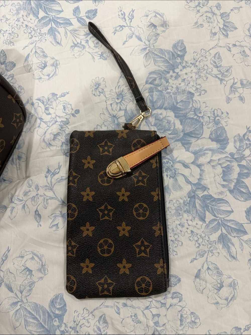 Monogram-Style Brown Backpack with Tan Accents with matching pouch wallet